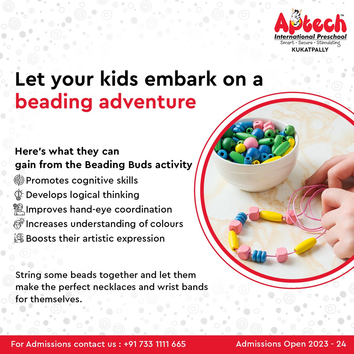 AptechPreschool's tweet photo. Let your kids explore the endless possibilities of shapes, colors, and patterns through the beading #beads #activity.
Give them the opportunity to express their unique #creativity and #create beads that they can proudly showcase to family and friends.
#aptechpreschoolkukatpally https://t.co/qXzaX1PX9Q
