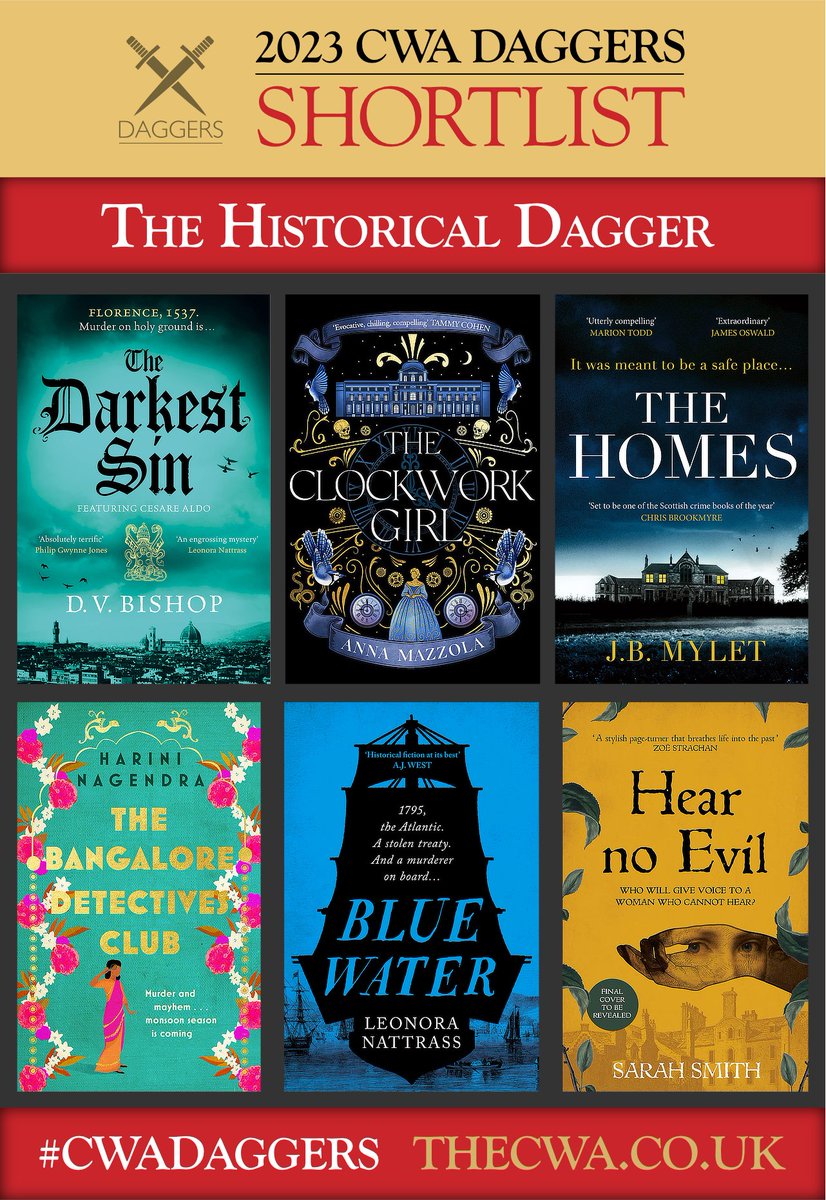 🗡 THE HISTORICAL DAGGER
#CWADaggers

DV Bishop: The Darkest Sin
Anna Mazzola: The Clockwork Girl
JB Mylet: The Homes
Harini Nagendra: The Bangalore Detectives Club
Leonora Nattrass: Blue Water
Sarah Smith: Hear No Evil