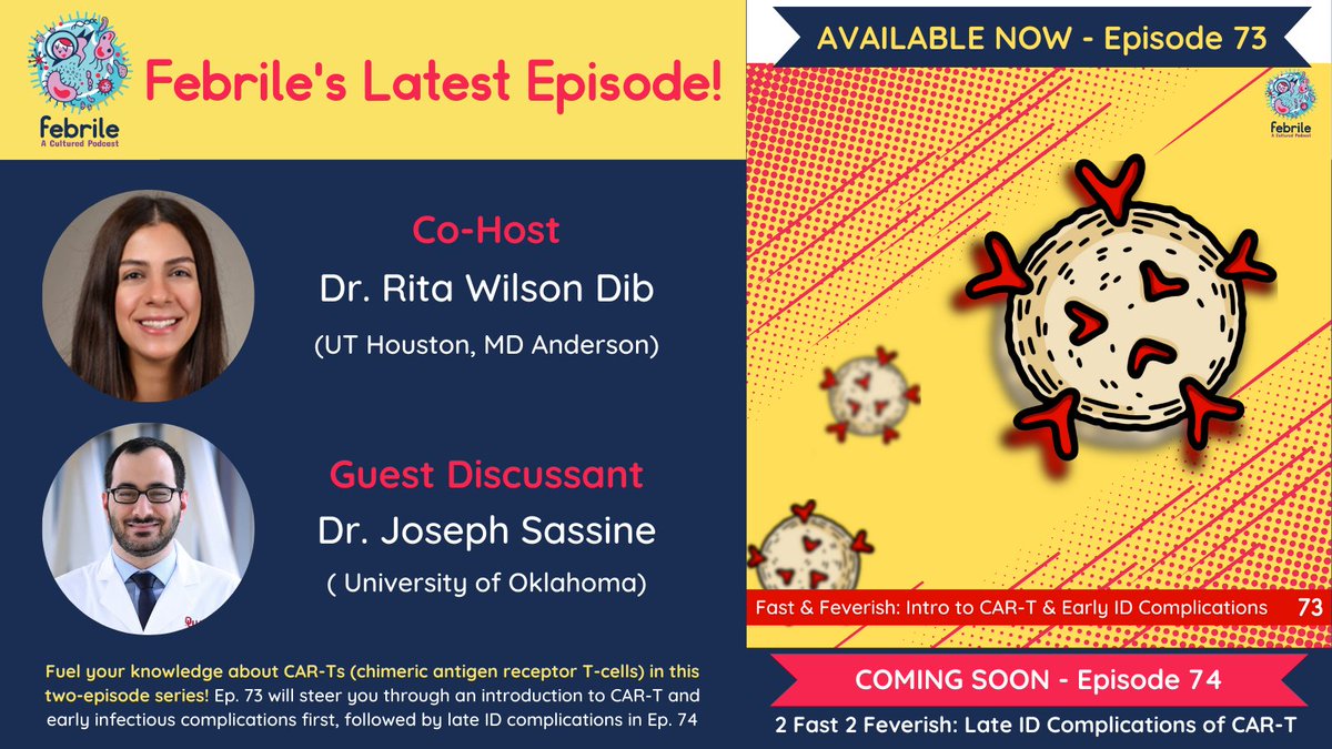 Febrile (@febrilepodcast) on Twitter photo 🚗New 2-part series with <a href="/RitaWilsonDib1/">Rita Wilson Dib</a> <a href="/JosephSassineMD/">Joseph Sassine</a> on infectious complications of CAR-T! Part 1 is out now on causes of fever early after therapy
🎙️Subscribe anywhere podcasts are found febrilepodcast.captivate.fm/listen
#IDTwitter #IDMedEd #MedTwitter 🚗New 2-part series with <a href="/RitaWilsonDib1/">Rita Wilson Dib</a> <a href="/JosephSassineMD/">Joseph Sassine</a> on infectious complications of CAR-T! Part 1 is out now on causes of fever early after therapy
🎙️Subscribe anywhere podcasts are found febrilepodcast.captivate.fm/listen
#IDTwitter #IDMedEd #MedTwitter