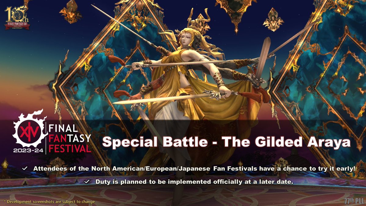 The special battle encounter at Fan Festival 2023-2024 will be…

The Gilded Araya! ✨

Attendees will have a chance to try it early before it's officially implemented into the game at a later date!