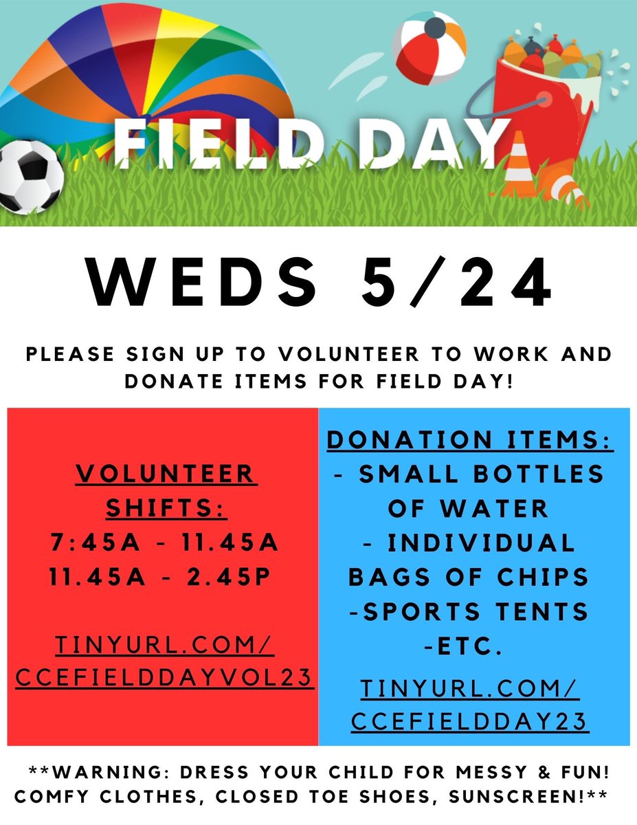 HIP HIP HOORAY, IT'S FIELD DAY!

This year field day is ALL day for ALL students, and we need help!!

Signup Genius: tinyurl.com/ccefieldday23

Volunteer link: tinyurl.com/CCEFieldDayVol…
(Be sure you are logged in to sign up)