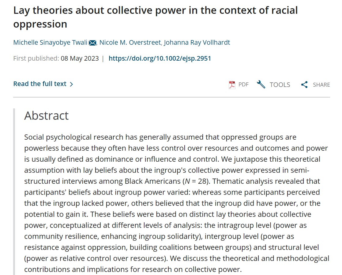 Finally out in EJSP, led by the fabulous Michelle Twali @michellestwali: 'Lay theories about collective power in the context of racial oppression'
onlinelibrary.wiley.com/doi/10.1002/ej…