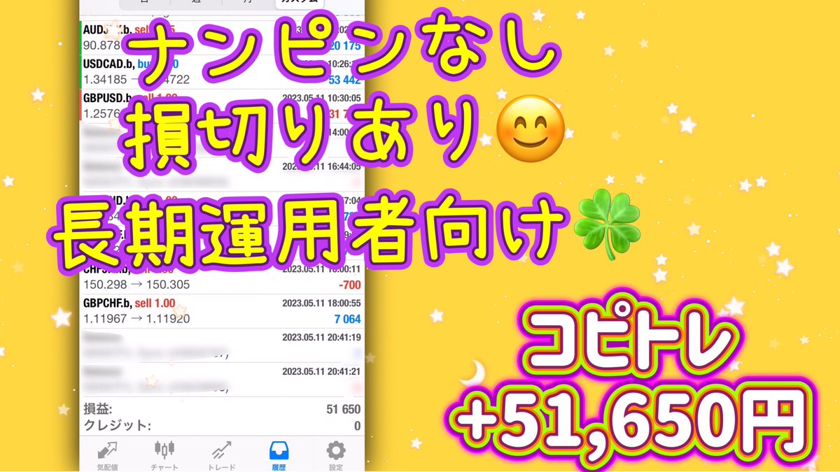 運用継続中～❣️
コピトレ🌼*･5/11
+51,650円🔥
平均利率30%‼️✨

🧸スタートはココから🐻
🎗️lin.ee/IoAw12M🎗️

ナンピン・マーチン
リスク高すぎ…😱
非ナンピン
損切りありコピトレ
安心です😊🍀
長期運用したい方向けです✨

ドル円　ユロドル 指標
ポン円　ポンドル
FX　自動売買