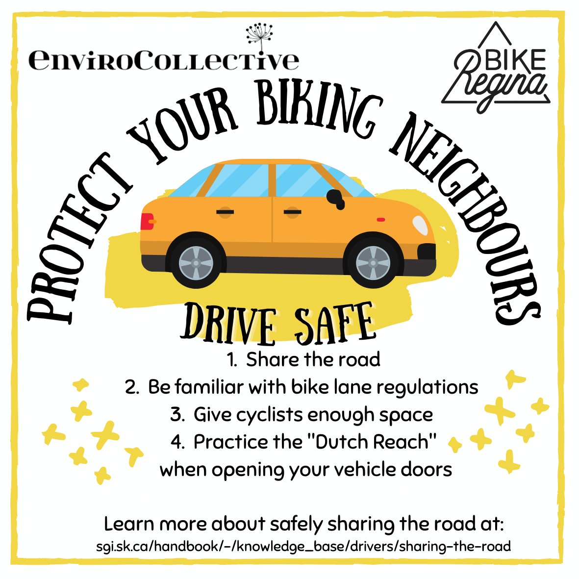 EnviroCollect1's tweet photo. Becoming an active transportation city means that cyclists and drivers need to brush up on the rules of sharing the road!  We must drive carefully, follow speed limits, and always pay attention to protect our cycling and walking neighbours! Check @SGItweets and @BikeRegina! https://t.co/mImHPsjnpV