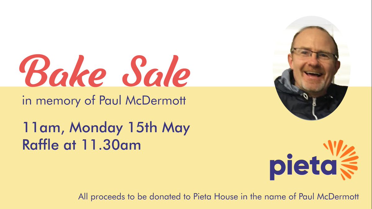 Bake Sale in aid of <a href="/PietaHouse/">Pieta</a> this Monday 15 May 11am in Genetics atrium to remember our dear friend and staff member, Paul McDermott. Get baking this weekend, and get buying on Monday! Thanks <a href="/sparkslab/">Sparks Lab Supplies Limited</a> and <a href="/ScientificLabs/">Scientific Laboratory Supplies (SLS)</a> for donating €50 <a href="/one4allireland/">One4all Ireland</a> vouchers for raffle.