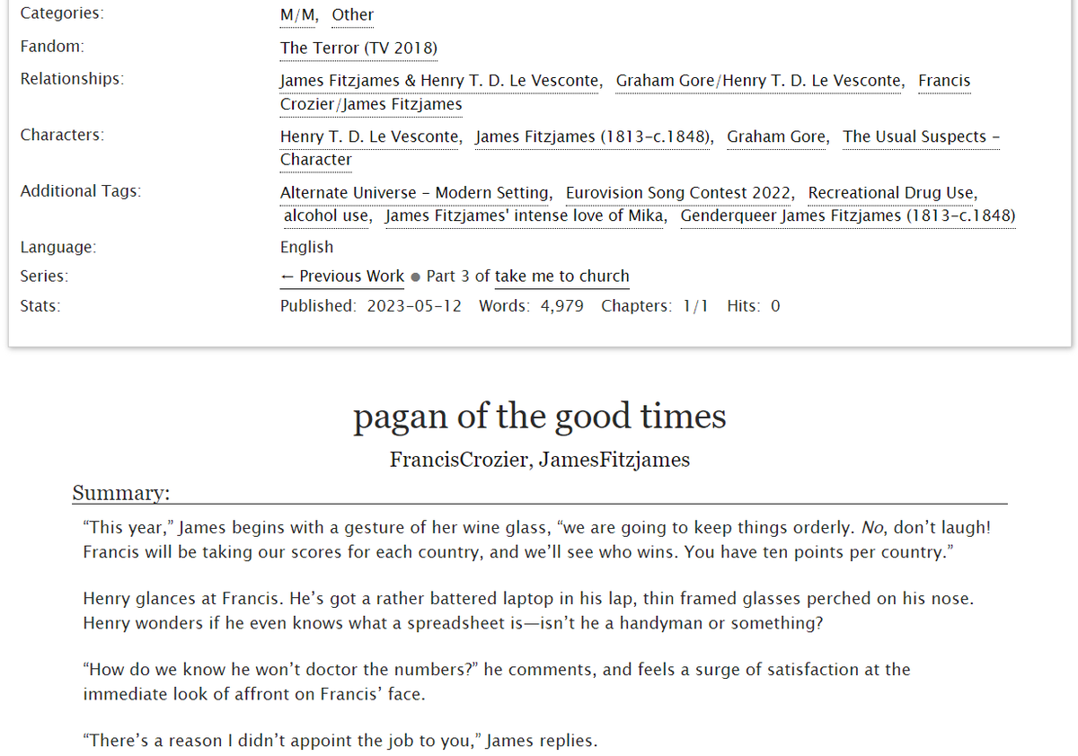 EUROVISFIC IS OUT. Come one, come all, and relive the beauty of Eurovision 2022, through the bitter eyes of one Henry Le Vesconte.

archiveofourown.org/works/47125822…