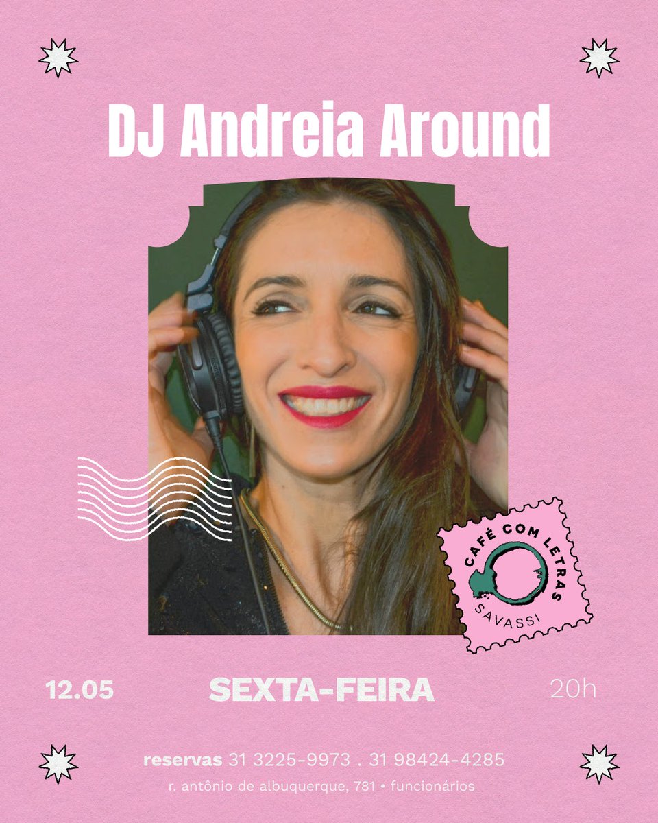 Nossa sexta chegou com música e comida boa!

Às 20h, recebemos a Dj Andreia Around. Ela te convida para um passeio sonoro na world music trazendo para o Café com Letras um repertório com forte presença feminina e uma mistura de sotaques e idiomas de vários cantos do mundo.