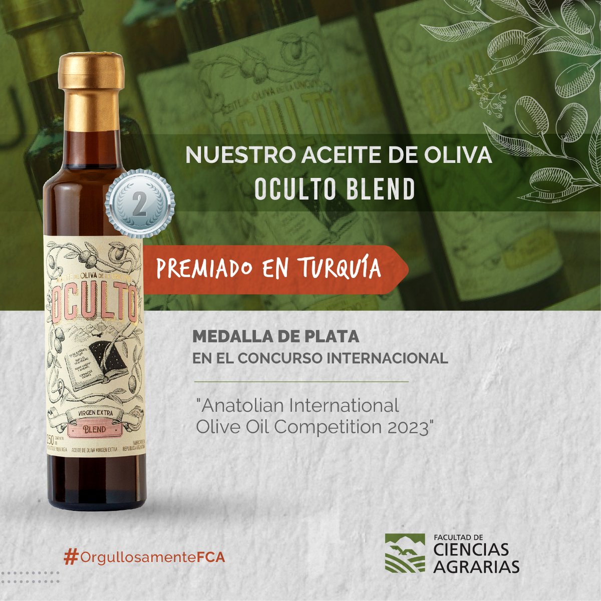 🫒 El aceite de oliva Blend, marca OCULTO de la #FCA, logró la medalla de plata en el Concurso Internacional "Anatolian International Olive Oil Competition 2023" de Turquía.

👉 fca.uncuyo.edu.ar/el-aceite-de-o… 

#FCA #UNCUYO #OrgullosamenteFCA #oliva  #aceite  #Mendoza #Argentina