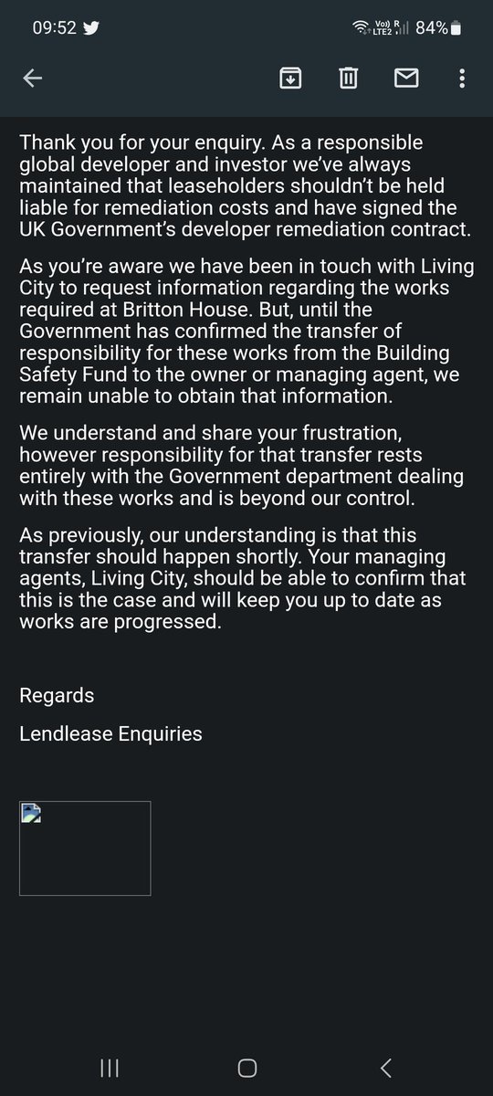 <a href="/michaelgove/">Michael Gove</a> . What about delays being caused by @luhc now that developers like <a href="/Lendlease/">Lendlease</a> have signed the contract?
We are at a total standstill due to gov dept according to Lendlease &amp; our MA <a href="/LivingcityGroup/">Livingcity Group</a>
Can you please advise urgently?
#BuildingSafetyCrisis
#EndOurCladdingScandal