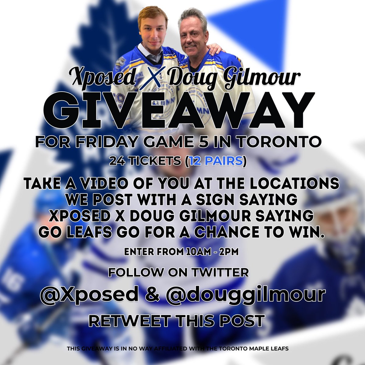 I’ve teamed up with @xposedtwitch to gift some tickets to tonight’s game!

Xposed x Doug Gilmour Ticket Giveaway for Fridays Game 5 in Toronto

24 Tickets total (12 Pairs)

Enter from 10 AM - 2 PM.

Take a video of you at the locations we post with a Sign saying Xposed X Doug…