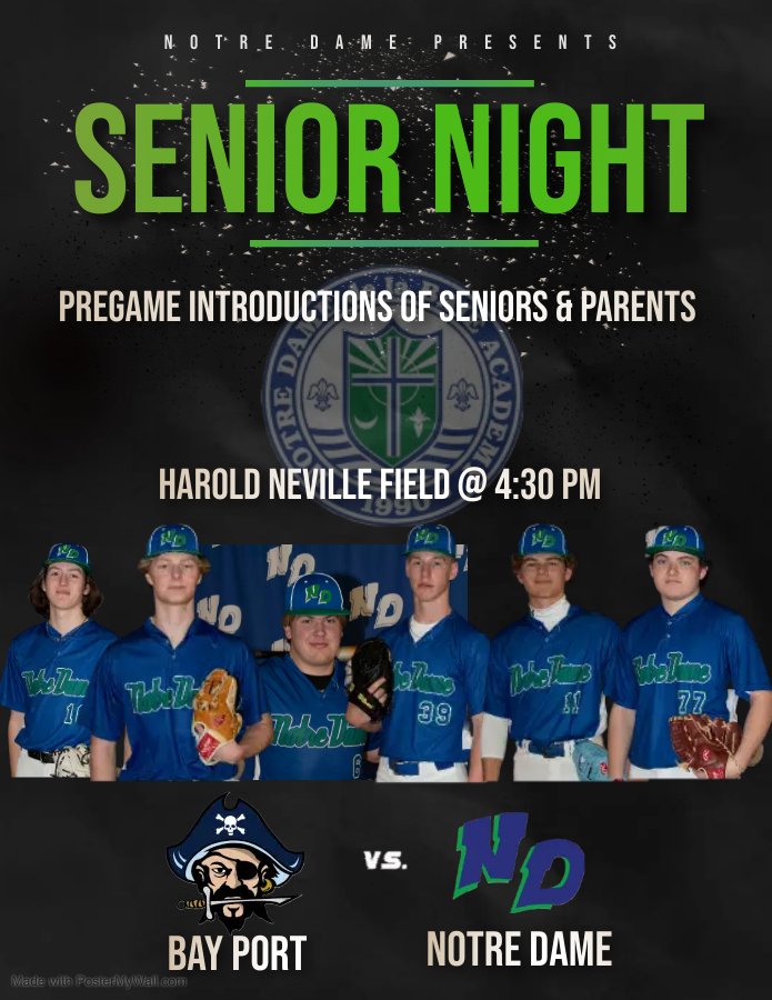 Senior Night at Notre Dame Academy!! Come out and support High school Baseball ⚾ we will be recognizing our 6 Seniors tonight. 
<a href="/SpejcherJackson/">Jackson Spejcher</a> 
<a href="/deucemusial11/">Deuce Musial II</a> 
<a href="/owenwery1/">owenwery</a> 
<a href="/ColeMagnusonr/">Cole Magnuson</a>
<a href="/LandenLozier/">Landen Lozier</a> 
Elijah Connaher

<a href="/NDATritonSports/">Notre Dame Academy Athletics - Green Bay, WI</a>