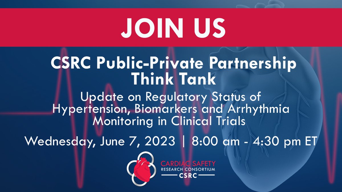 1 month until our CSRC 2023 #ThinkTank! Join us on June 7th at the FDA to examine #proarrhythmia,   #hypertension & #biomarkers w/ speakers from @LillyPad @Genentech,   @US_FDA & more.  ⬇️  

bit.ly/3vC4aDE

#CardioTwitter #CardiacSafety