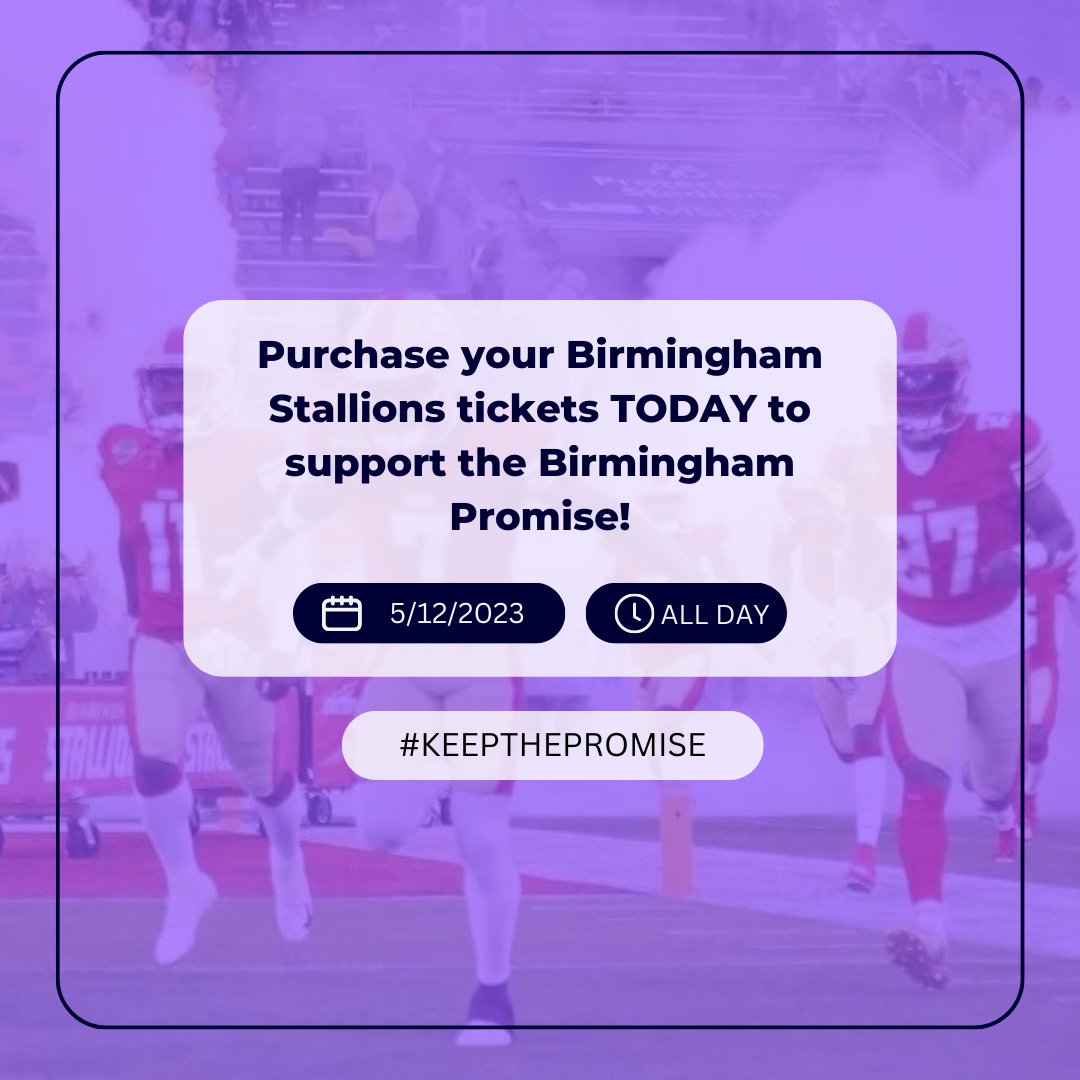 The <a href="/USFLStallions/">Birmingham Stallions</a> are partnering with us! Part of the proceeds from today’s ticket sales will support the Birmingham Promise, so make sure you buy your tickets for tomorrow’s game, TODAY. #Birmingham #keepthepromise #stallions #businesspartner