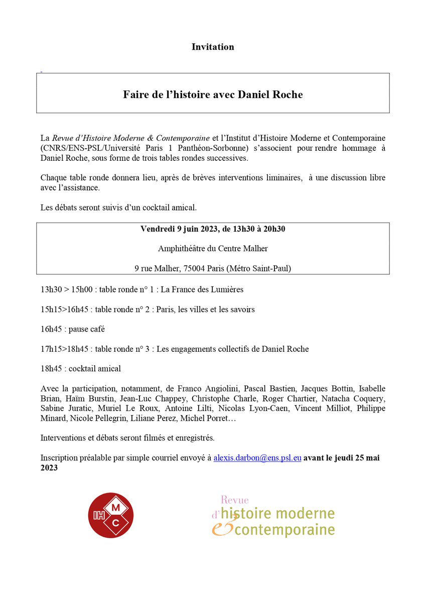 revuehmc's tweet photo. 📢 La RHMC vous convie à une table ronde en hommage à Daniel Roche : "Faire de l'histoire avec Daniel Roche". Rejoignez-nous le 9 juin de 13h30 à 20h30 au Centre Malher (voir les détails d'inscription dans l'image ci-dessous) #rhmc https://t.co/5UGEYU0UT2