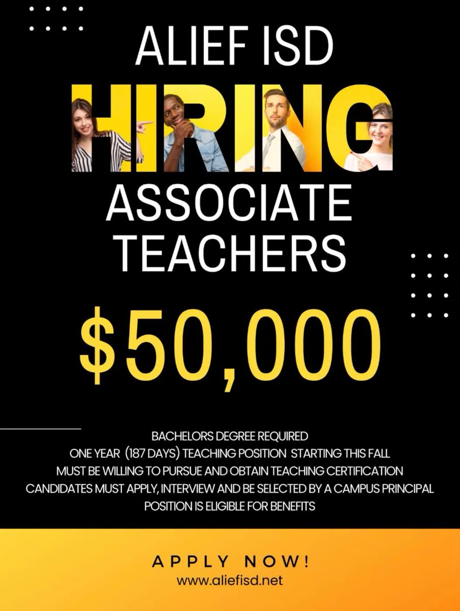 Have a degree and interested in a teaching career? 
Alief ISD has an Associate Teacher position for you!  
✅$50,000
✅Excellent Benefits 
✅Six time winner of the Houston Chronicle Top Workplace Contest!  

Apply here! aliefisd.net/careeropportun…