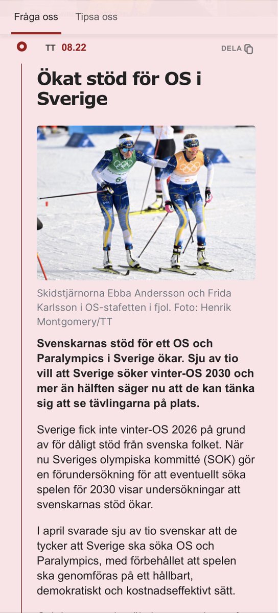 SWEAsa1's tweet photo. Sju av tio svenskar är positiva till att Sverige söker OS och Paralympics 2030 om spelen är hållbara, kostnadseffektiva och demokratiska. Hälften av svenskarna vill titta på spelen på plats på arenorna 🇸🇪 @SWEOlympic @parasport_se @RFidrotten https://t.co/M7pmKa6PJY
