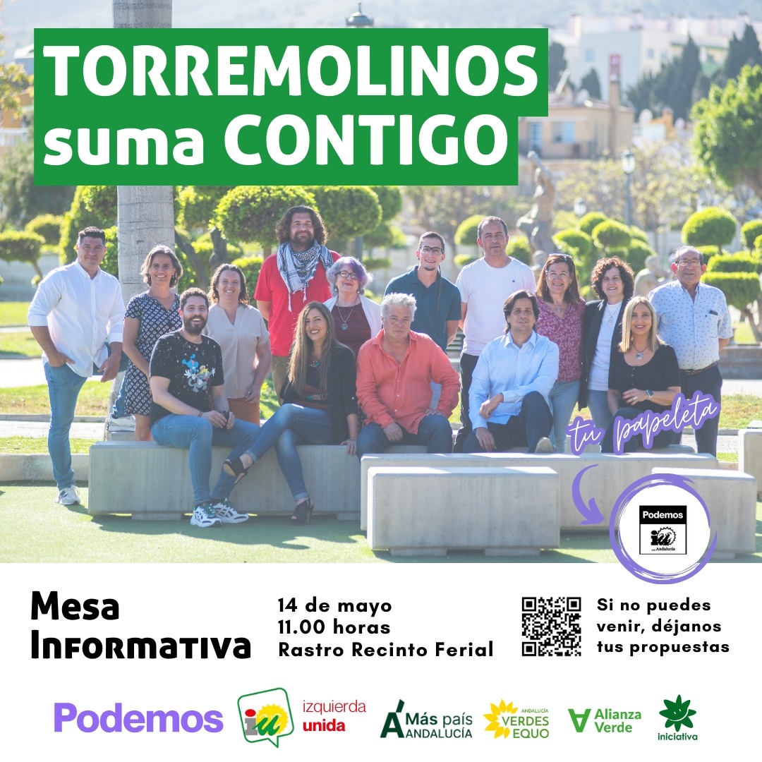 Este domingo estaremos en el mercadillo compartiendo propuestas y recogiendo iniciativas para seguir transformando #Torremolinos.
⏰ 11:00h
🗓️ Domingo 14 de mayo 
📍 Recinto Ferial
#28M #TorremolinosSumaContigo #laizquierdaquetransforma #loquenosune