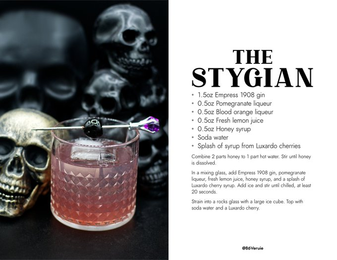 Skulkingfoxes's tweet photo. I had the wonderful @dancergaius make me a recipe for The Stygian, so now you can make the cocktail at home!
I've made it myself, it's very tasty (and boozy, so watch out there lol)!!

Thank you again, @dancergaius! https://t.co/AnDnZY8xm8