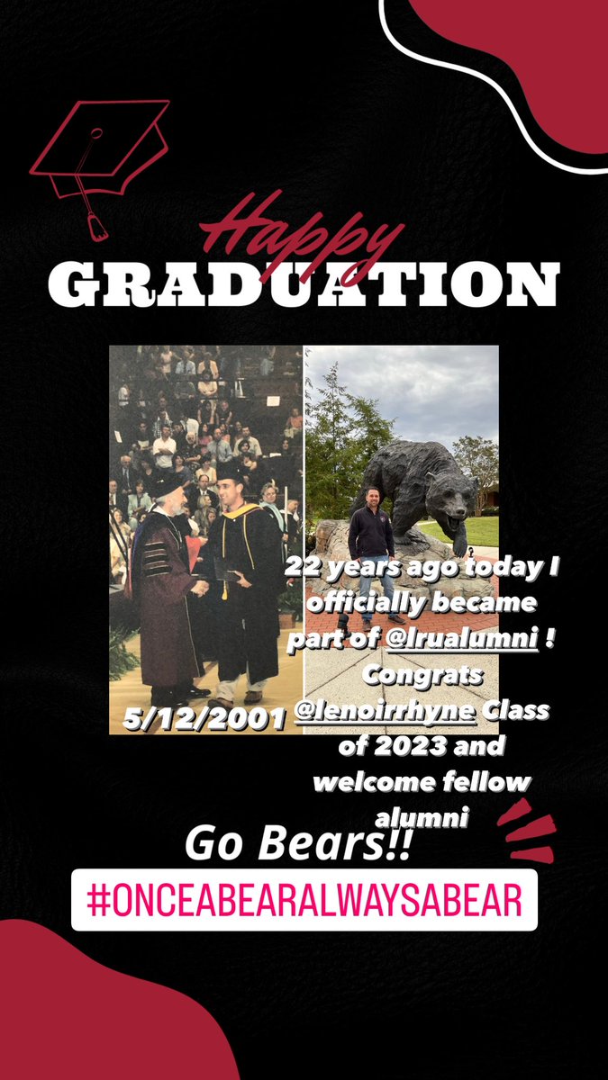 22 years ago today was a pivotal moment for me as I received my diploma from <a href="/lenoirrhyne/">Lenoir-Rhyne University</a> . Congrats to the LR Class of 2023 and enjoy your moment tonight #BetweenTheBricks . Welcome fellow <a href="/LRUAlumni/">Lenoir-Rhyne Alumni Engagement</a> #OnceaBearAlwaysaBear 🐻🎓