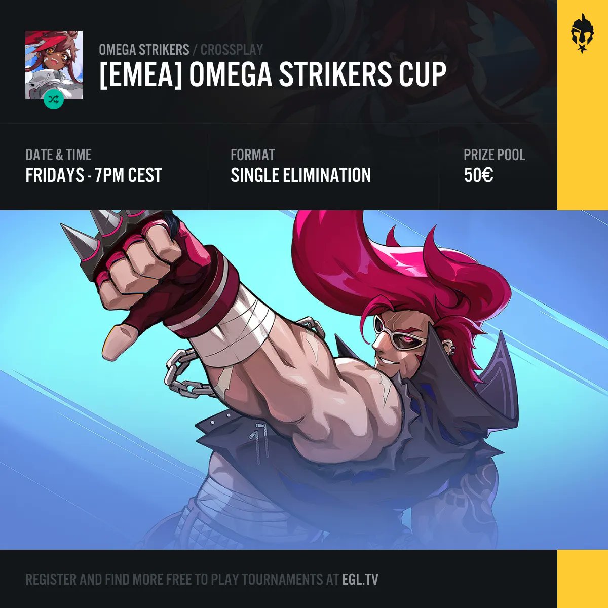 Today at 7pm CEST we are hosting an EMEA Omega Strikers Tournament!

Get involved by regitering at the link below, compete in a single elimination bracket and win your share of the 50€ prize pool.

Register here: egl.tv/tournament/7926