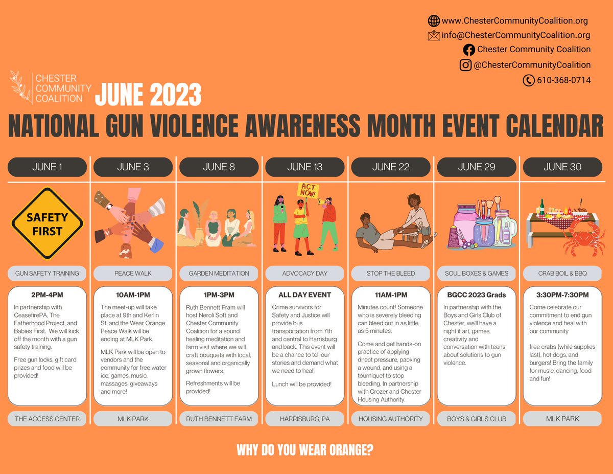ChesterPAHeals's tweet photo. Why do you wear orange?  We wear it to build safer communities together. Check out our upcoming events for Gun Violence Awareness Month and #WearOrange weekend.- https://t.co/PUoxEyafTg https://t.co/wz1qurWiQS