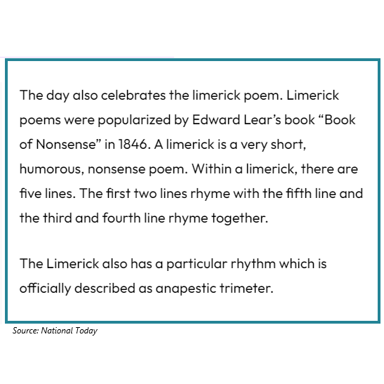 ARM_Mid_America's tweet photo. Today, Friday 5/12, is #NationalLimerickDay 📑
.
Photo #1 is one of the most famous (extra short) #limericks of all time 📖
.
Swipe to learn more then DM or comment your own limerick for a chance to be featured in our stories 🖊🖊🖊
.
#Poetry #Creators #Community #AgencyNetwork https://t.co/eLWyMV7Ft8
