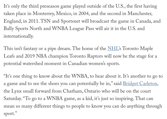 ✍️New Words @TheAthletic✍️ On Saturday, the inaugural #WNBA Canada Game takes place featuring the Minnesota Lynx and Chicago Sky. In front of a sellout crowd at Scotiabank Arena, it further raises the possibility of WNBA expansion to Toronto. Link: theathletic.com/4512367/2023/0…