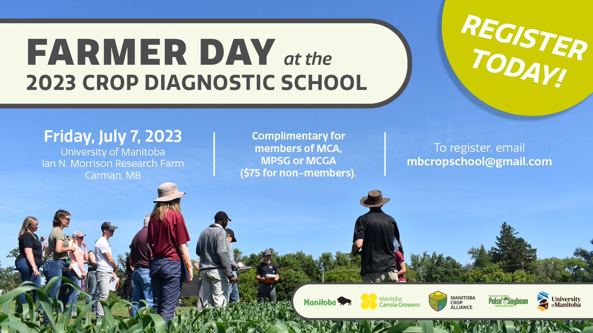 Don’t miss Farmer Day at the 2023 Crop Diagnostic School, a great opportunity to learn from leading crop and pest management experts and network with fellow farmers from across Manitoba!

Register today: ow.ly/zB0a50OhgRi

<a href="/CanolaGrowers/">Canola Growers</a> <a href="/MbPulseGrowers/">MPSG</a> <a href="/MBGovAg/">Manitoba Agriculture</a> <a href="/umanitoba/">University of Manitoba</a>