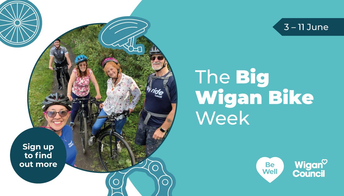 WiganCouncil's tweet photo. We're gearing up for the Big Wigan Bike Week (3-11 June) ... our brand new event celebrating the joys of cycling! 

Featuring a host of free activities including bike library events, repair workshops and rides around beautiful green spaces.

👉 https://t.co/pNuMZhnflk @BewellW https://t.co/vOqYDwUq7X