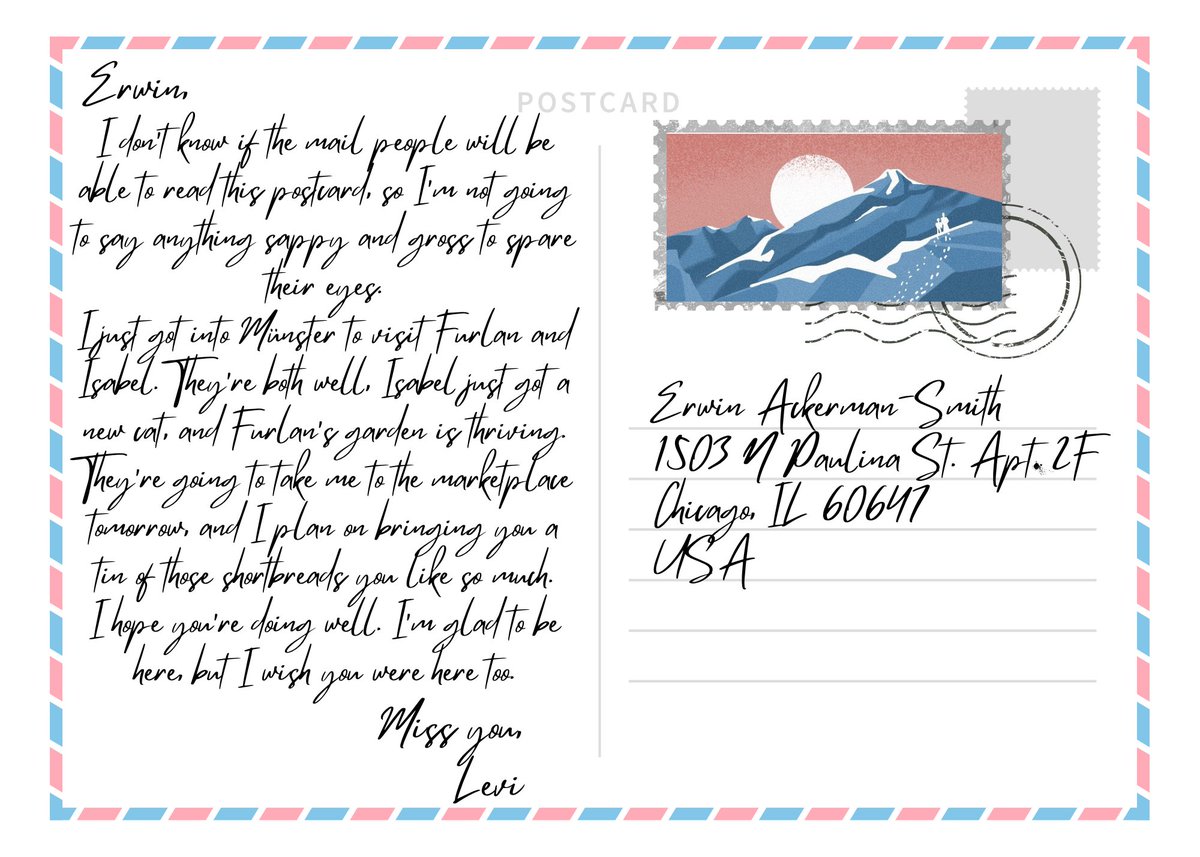 ✉️📮

Levi still hates PDA but that doesn’t stop him from expressing his longing to see his Commander 🥺

Writer: @levi_2497
Stamp artist: @knightofcups_x
