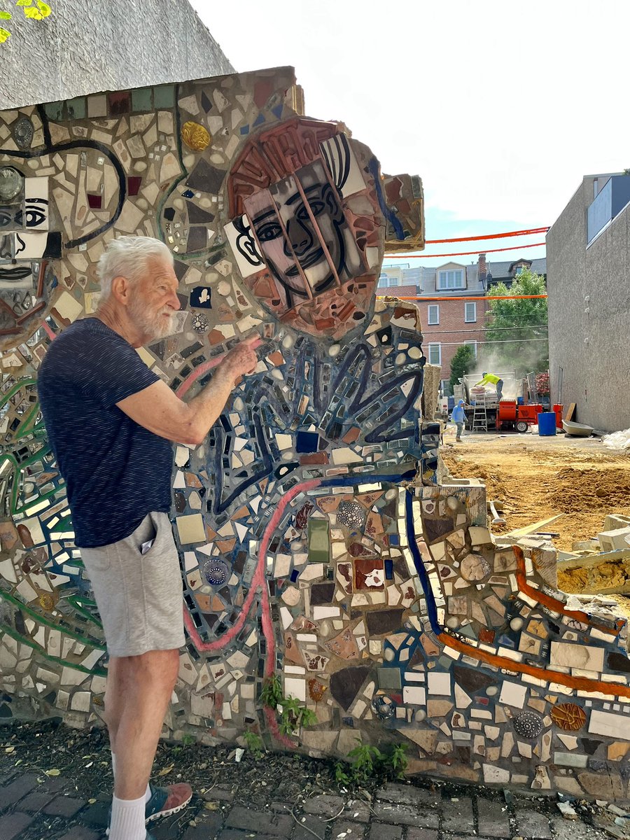 Artist Isaiah Zagar watching his mural being taken down, without warning, today on my block in Bella Vista. Developer <a href="/noahostroff/">noah ostroff</a> couldn’t care less about Isaiah’s art, the neighborhood or the safety of those walking by this site (debris flying everywhere). My goodness.