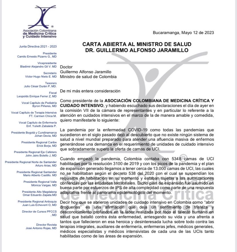 Fruizgomez's tweet photo. Comunicado de ⁦@AMCI_Colombia⁩ sobre las desafortunadas declaraciones de ⁦@MinSaludCol⁩ sobre el supuesto “negocio” de clínicas y médicos con las unidades de cuidado intensivo. https://t.co/6R9JzU995m