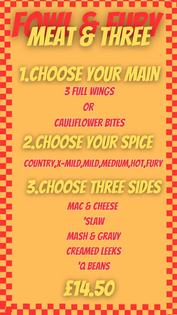#cardiff Here is Our Meat and three menu, coming to #stickyfingers on the  16.6.23
