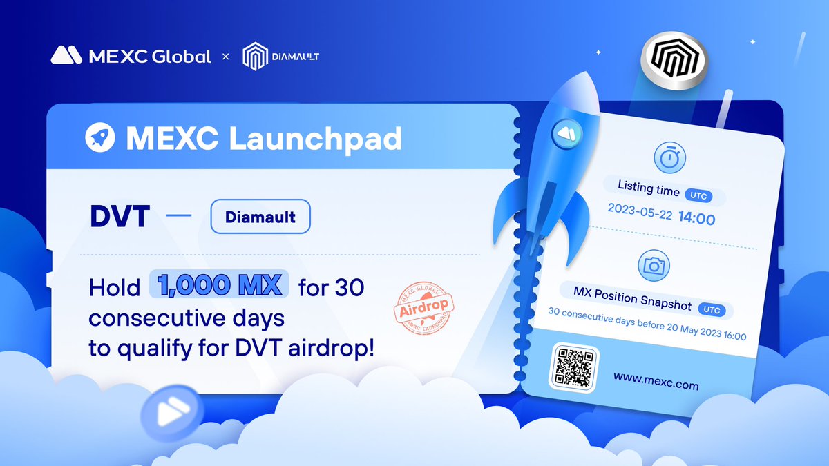 MEXC's tweet photo. #MEXCLaunchpad is here - Let's celebrate with @Diamault_DVT 🔥

Hold 1,000 $MX to be qualified for the $DVT airdrops!

📷Snapshot Period: 30 consecutive days before May 20, 16:00 (UTC ) 
📈 $DVT/USDT listing: May 22, 14:00 (UTC)

Details: https://t.co/dpElCnvaWh

#Diamault #MEXC https://t.co/kno07m0zyB
