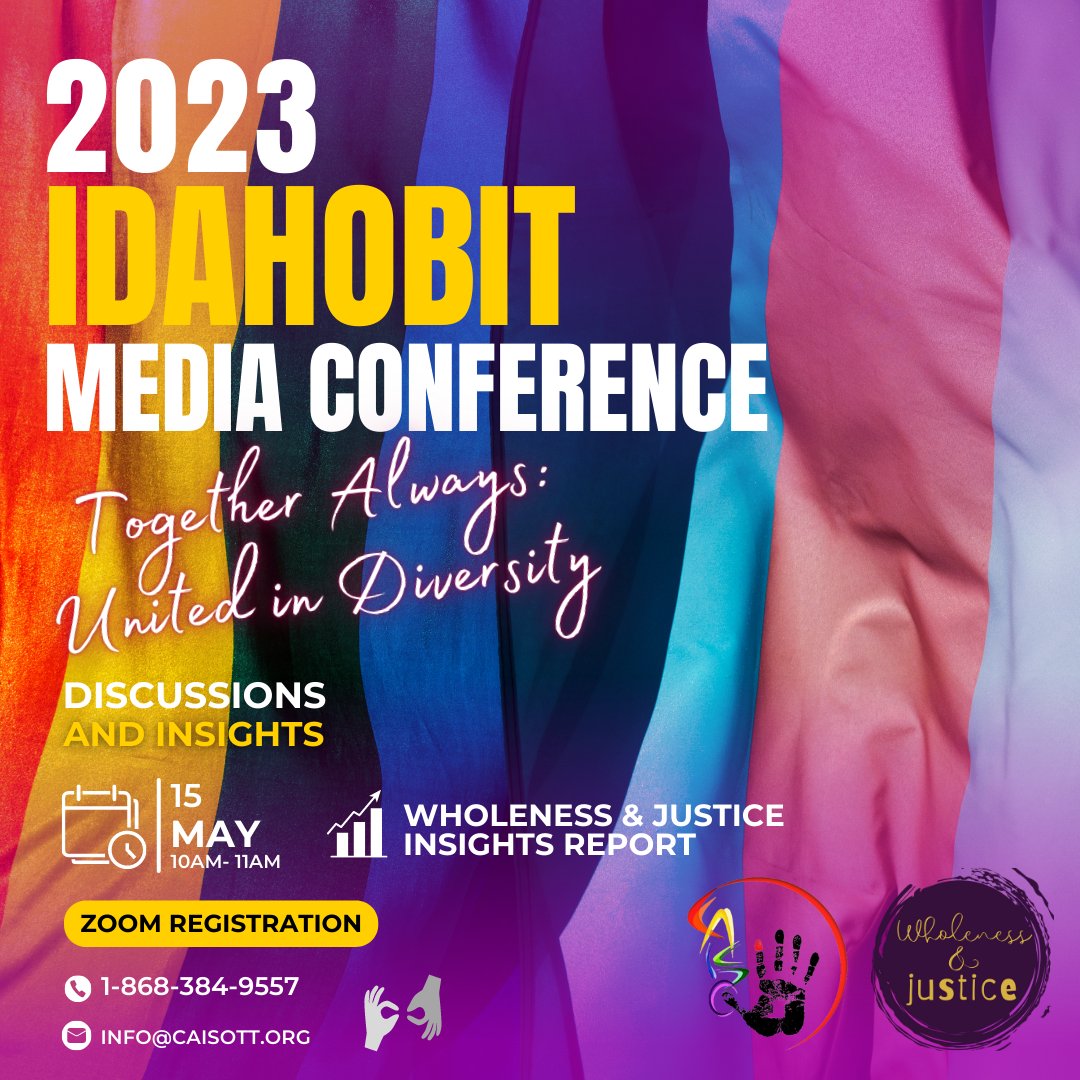 CAISO: Sex and Gender Justice happily invites members of the media (and public) to a virtual Media Conference to mark the International Day Against Homophobia, Transphobia &amp; Biphobia on Monday 15th May at 10am-11am.

Register Now: tinyurl.com/bdecdsrd

#idahobit #idahobit2023