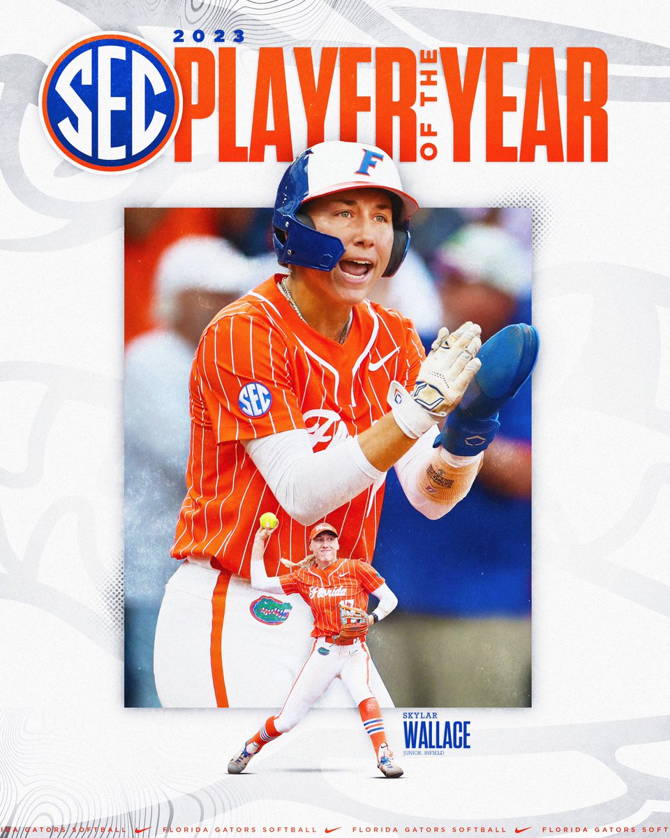 Gators Softball (@gatorssb) on Twitter photo Gator Nation we present to you <a href="/Wallace2Skylar/">Skylar Wallace</a>, the 2023 <a href="/SEC/">Southeastern Conference</a> Player of the Yearโผ๏ธ
Wallace is the 7th Gator to be selected for the prestigious award! #GoGators Gator Nation we present to you <a href="/Wallace2Skylar/">Skylar Wallace</a>, the 2023 <a href="/SEC/">Southeastern Conference</a> Player of the Yearโผ๏ธ
Wallace is the 7th Gator to be selected for the prestigious award! #GoGators