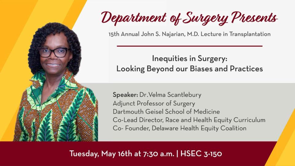 Dr. Scantlebury is the first African American woman transplant surgeon in the US &amp; has performed over 2,000 transplants. We're honored to have her give this year's lecture at the 15th Annual John S. Najarian, MD Lecture in Transplantation on May 16. We hope to see you there!