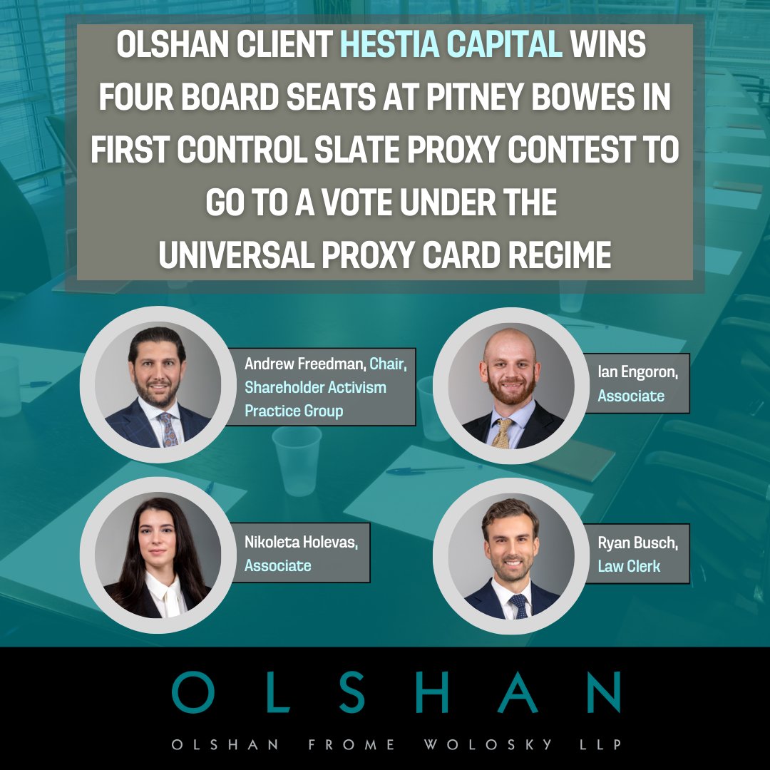 OlshanLaw's tweet image. .@ProxyFightGroup Client Hestia Capital Wins Four Board Seats at @PitneyBowes in First Control Slate Proxy Contest to Go to a Vote Under the Universal Proxy Card Regime
#ProxyContest #UniversalProxy #BoardOfDirectors #ShareholderActivism

lnkd.in/e3D6gk7a