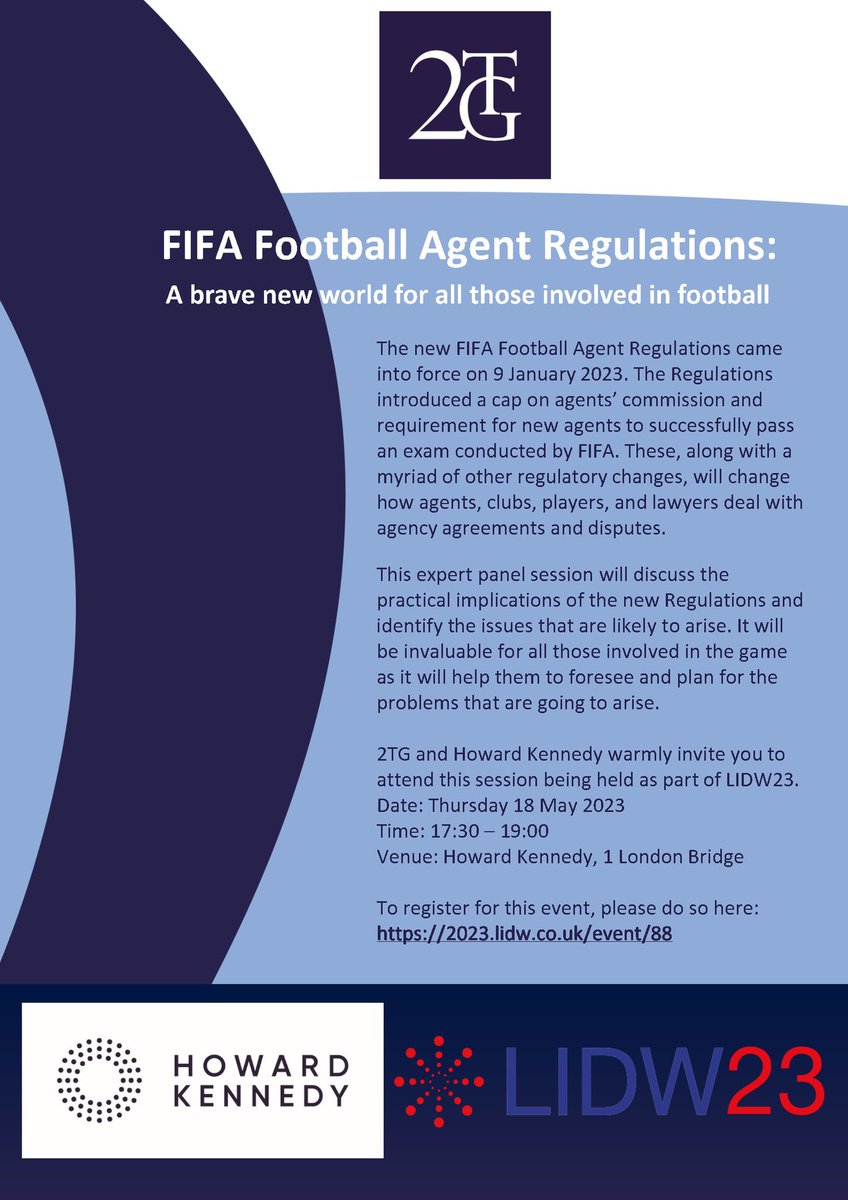 Looking forward to speaking at London International Dispute Week about the new FIFA Football Agent Regulations. 

Join us on 18 May for a panel session discussing their practical implications &amp; the issues that are likely to arise. Register 👇: 

2023.lidw.co.uk/event/88

#football