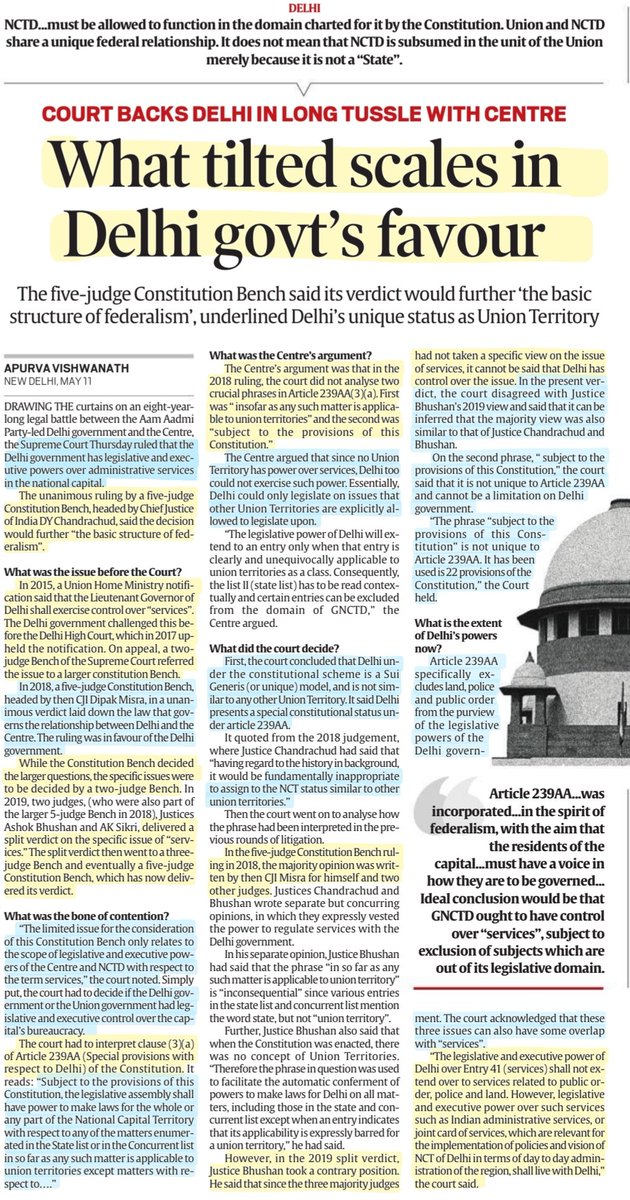 imRavikantYadav's tweet photo. #DelhiGovtVsLG
*The Jurisdictional conflict in the running of Delhi
*What tilted scales in Delhi Govt's favour
#SupremeCourt #Verdict #ConstitutionBench #Delhi #UniqueStatus #Article239AA #Federalism #ArvindKejriwal
#DelhiGovernment
#Polity
#UPSC #UPSC2023
Source:IE & TH https://t.co/VbZuPrXRCV
