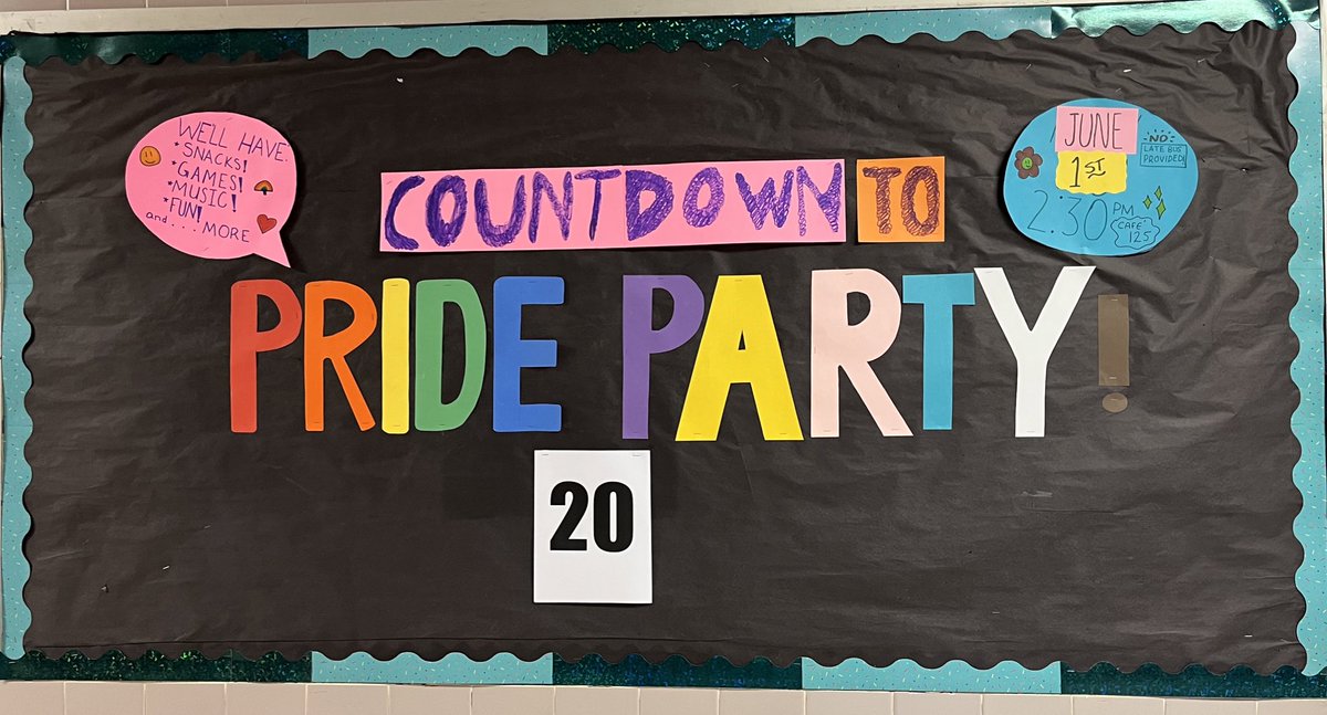20 days until our Pride Party! Join Social Justice Club in cafe 125 after school on June 1. No late bus