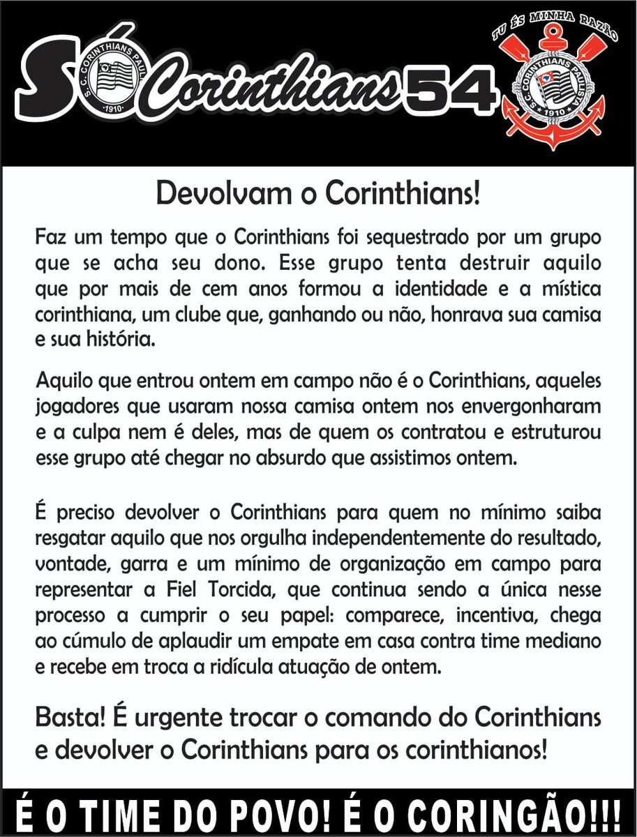 SohCorinthians's tweet photo. Devolvam o Corinthians!
#corinthians #sohcorinthians54 #sohcorinthians #sccp #coringao #fieltorcida #foraduilio #fieltorcedor #forarenovacaoetransparencia https://t.co/kWkW8ysfbh