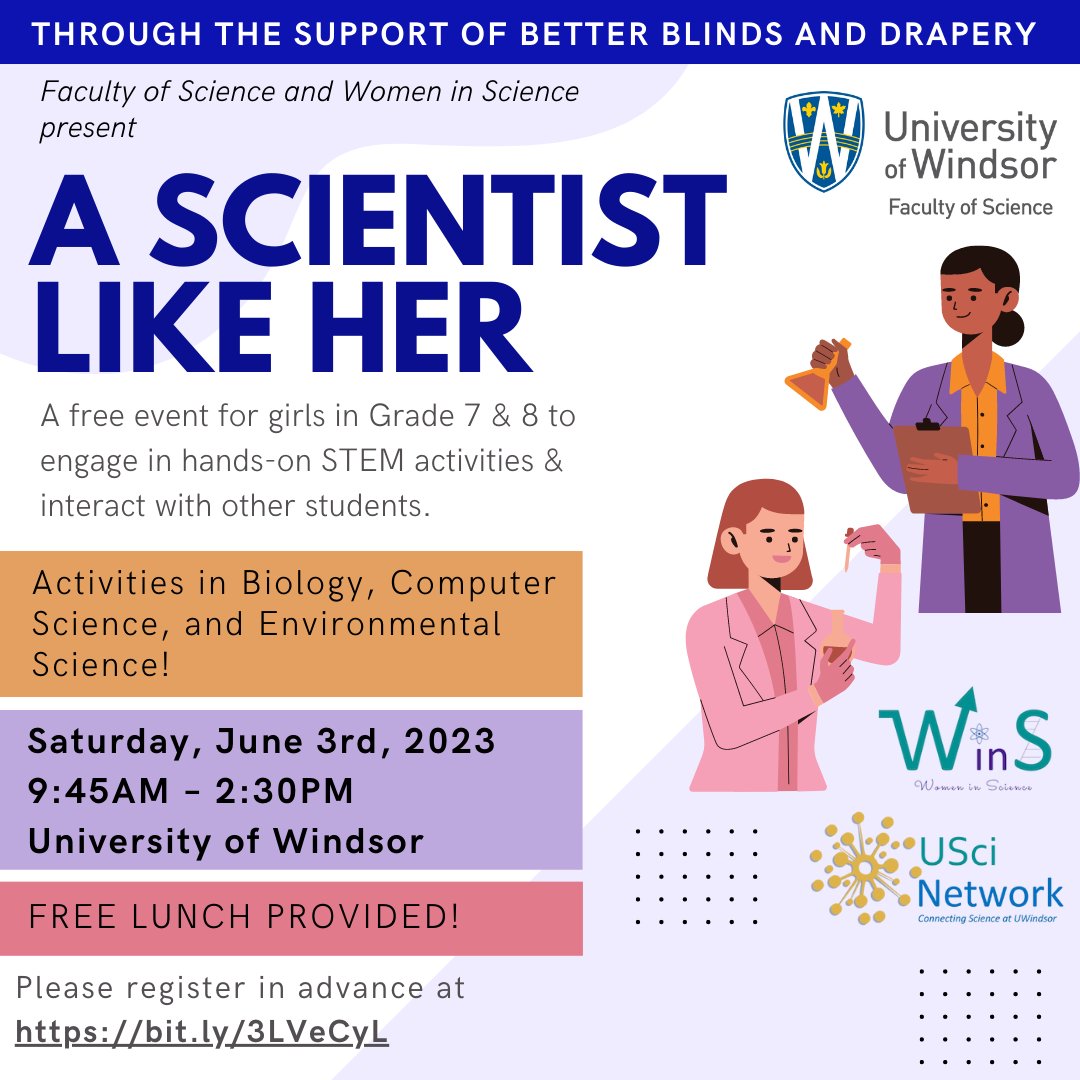 UWindsor Faculty of Science (@uwinscience) on Twitter photo Girls in grades 7 & 8: sign up for A Scientist Like Her event to engage in hands-on STEM activities, & interact with women scientists. Sat Jun 3 9:45-2:30. bit.ly/3LVeCyL
<a href="/uwin__wins/">UWindsor Women in Science</a> #FreeLunch <a href="/iBioUWindsor/">UWindsor Integrative Biology</a> <a href="/BiomedSSA_UWin/">Biomedical Sciences UWindsor (BSSA)</a> <a href="/EESWindsor/">School of the Environment @ UWindsor</a> <a href="/uwin_compsci/">UWindsor Comp Sci</a> <a href="/gecdsbpro/">GECDSB PR</a> <a href="/WECDSB/">WECDSB</a> Girls in grades 7 & 8: sign up for A Scientist Like Her event to engage in hands-on STEM activities, & interact with women scientists. Sat Jun 3 9:45-2:30. bit.ly/3LVeCyL
<a href="/uwin__wins/">UWindsor Women in Science</a> #FreeLunch <a href="/iBioUWindsor/">UWindsor Integrative Biology</a> <a href="/BiomedSSA_UWin/">Biomedical Sciences UWindsor (BSSA)</a> <a href="/EESWindsor/">School of the Environment @ UWindsor</a> <a href="/uwin_compsci/">UWindsor Comp Sci</a> <a href="/gecdsbpro/">GECDSB PR</a> <a href="/WECDSB/">WECDSB</a>