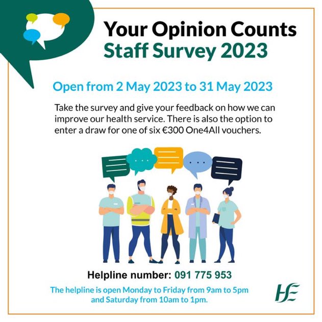 Encouraging all CHO7 staff to take the #YourOpinionCounts2023 Staff Survey to give feedback on how we can improve #OurHealthService. You can also enter a draw for 1 of 6 €300 One4All vouchers. 
 
Take the survey here: bit.ly/3LzHX1F