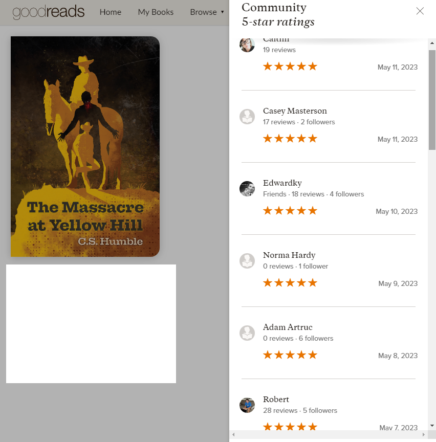 CSHumble's tweet photo. Seven days in a row with a 5 ⭐️ rating added to THE MASSACRE AT YELLOW HILL via @CemeteryEbook. I honestly suggest you get on this train, because book two comes out in about 2 months and I want you there with me. 

#ThatLightSublime
#TheMassacreAtYellowHill https://t.co/VvusVyBWKw