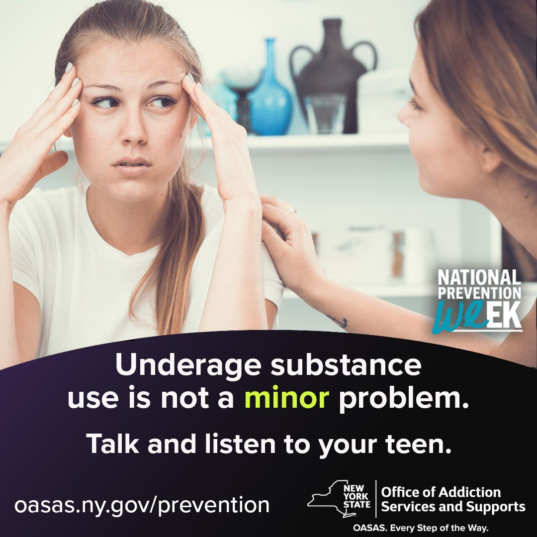 Talk to your teen about the effects that substance use can have on their safety and mental and physical health. #NationalPreventionWeek
👉 oasas.ny.gov/prevention 👈