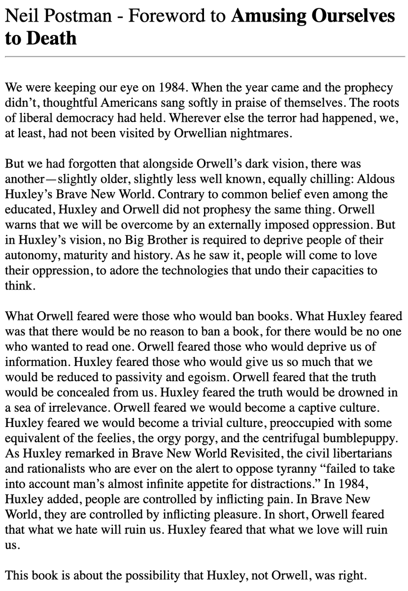 david_perell's tweet photo. The foreword to "Amusing Ourselves to Death" is one of the best pieces of writing I've ever seen. https://t.co/wFKRSNUApE