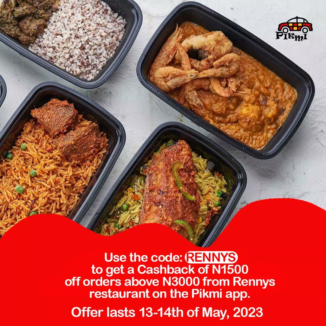 PikmiTaxi's tweet photo. Enjoy yumminess this weekend! 

Get a cashback of 1500 on your order using the code RENNYS on the Pikmi app. All you need to do is: 
- Go to your Pikmi App; 
- Tap the Offers tab;  
- Add RENNYS, and apply; 
- Enjoy your automatic Cashback.

This offer's valid 13-14th May
#Pikmi https://t.co/EulS4Ycs7N