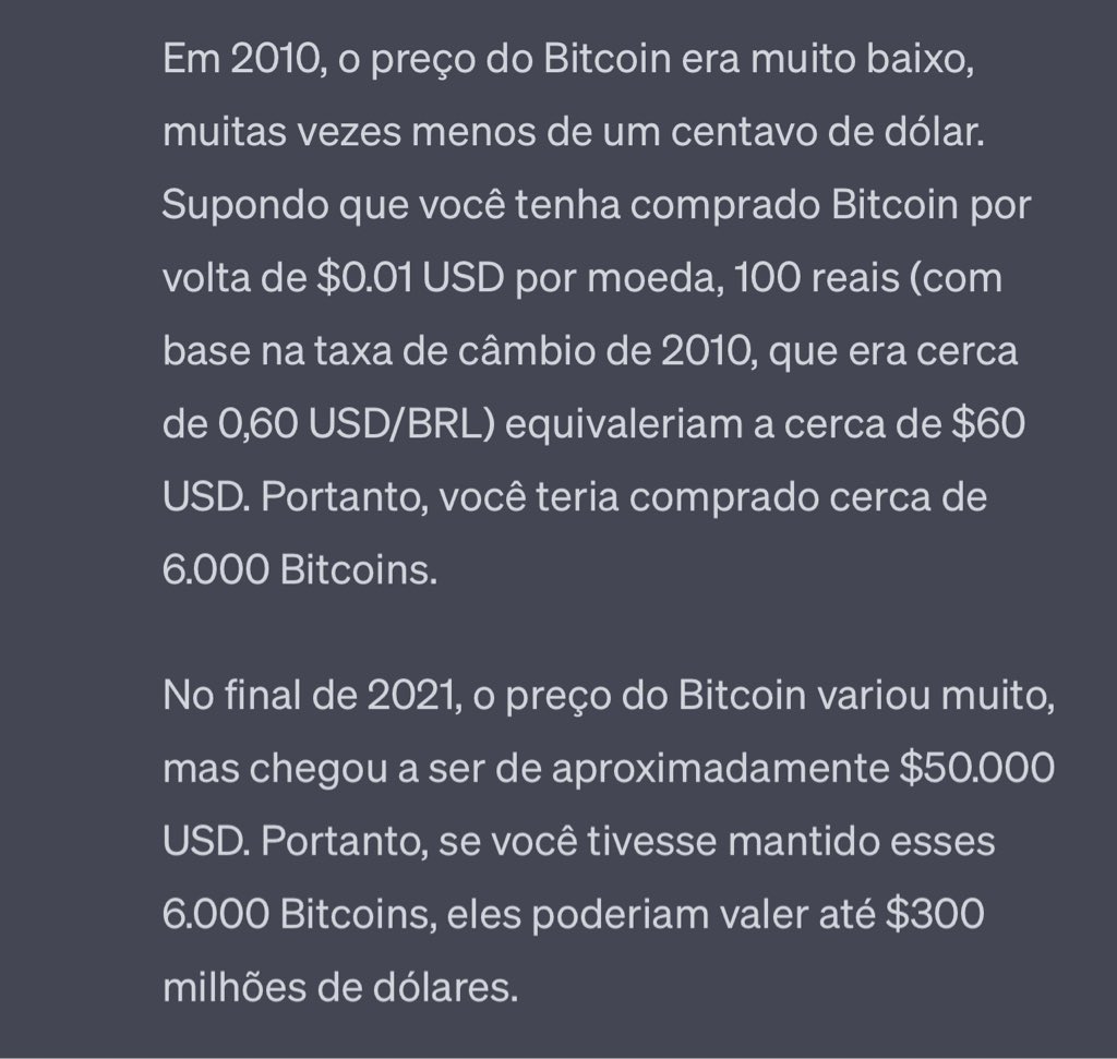 EuWinas Basta em 2010, gastar 100 reais com bitcoin e você teria, HOJE, 300  milhões de USD.