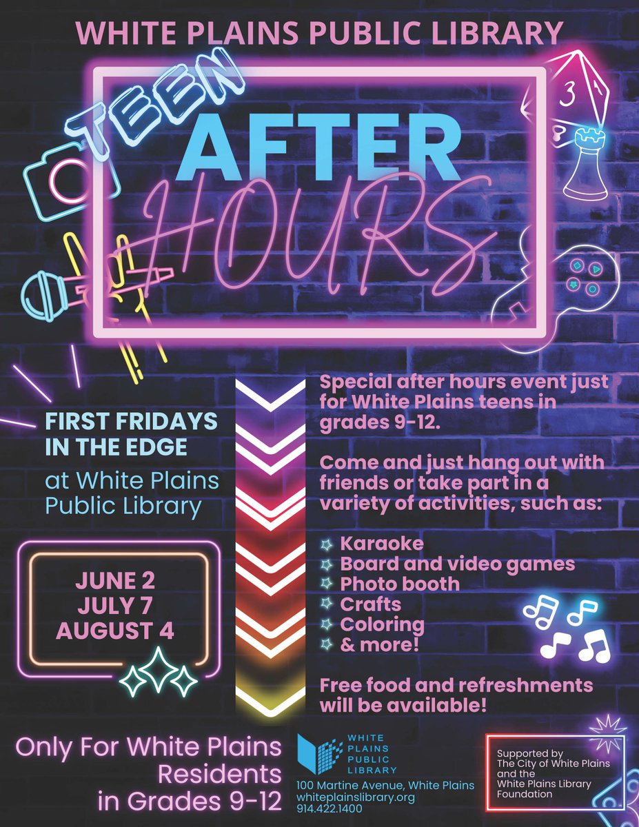 Joshua J. Carlson (@carlson_joshuaj) on Twitter photo As part of a <a href="/cityofwp/">City of White Plains</a> initiative to provide more evening activities for high schoolers <a href="/WhitePlainsLib/">White Plains Library</a> is excited to announce First Fridays in the Edge. WP residents in Gr 9-12 only. After normal Library hours.
Friday 6/2 6-9pm.
<a href="/WPTApresidents/">WPTA</a> <a href="/wplainsschools/">White Plains Schools</a> <a href="/DrJosephRicca/">WPCSDSuper</a> As part of a <a href="/cityofwp/">City of White Plains</a> initiative to provide more evening activities for high schoolers <a href="/WhitePlainsLib/">White Plains Library</a> is excited to announce First Fridays in the Edge. WP residents in Gr 9-12 only. After normal Library hours.
Friday 6/2 6-9pm.
<a href="/WPTApresidents/">WPTA</a> <a href="/wplainsschools/">White Plains Schools</a> <a href="/DrJosephRicca/">WPCSDSuper</a>